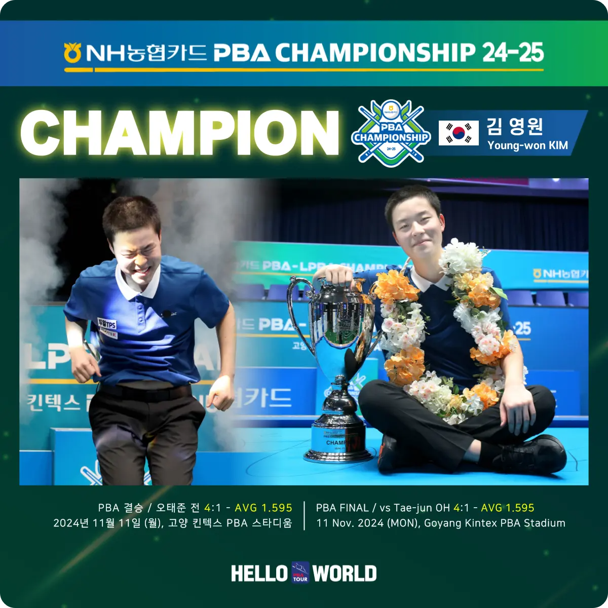 17살 영건 김영원 NH농협카드 PBA 챔피언십 24-25 우승 결승 경기 결과 누적 상금 역대 최연소 오태준 준우승 7차 팀리그 광명시 투어