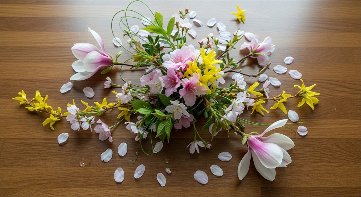 나무 테이블 위에 자연스럽게 놓인 여러 봄꽃 정물 사진 
