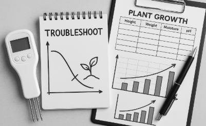 작물 성장 데이터와 문제 해결 관련 도구가 책상 위에 놓인 장면, 노트패드에는 ‘TROUBLESHOOT’ 문구와 그래프, 클립보드에는 식물 성장표가 표시됨