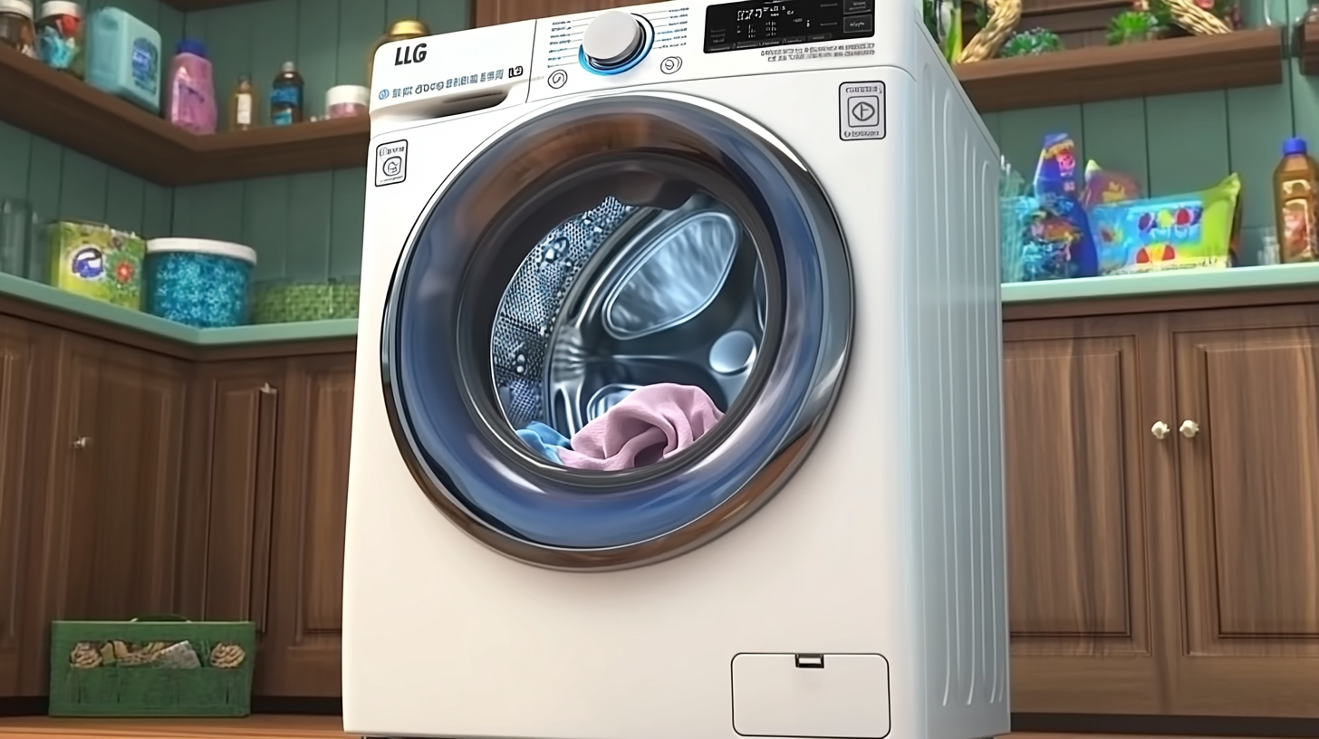 현대적인 디자인 악센트와 분위기 있는 조명이 있는 미래적인 세탁실에서 우아한 LG 오브제 세탁기가 돋보이는 미니멀한 공간의 이미지.