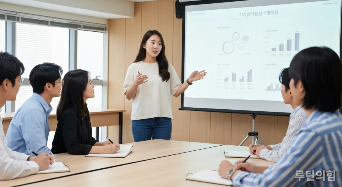 프로젝트 경험을 발표하며 검증된 역량을 보여주는 한국인 여성