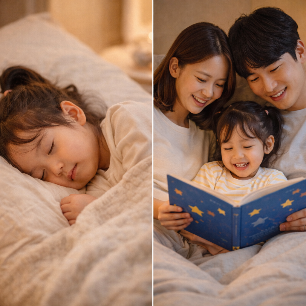 낮잠 자는 아이와 수면 교육 루틴을 설명하는 이미지