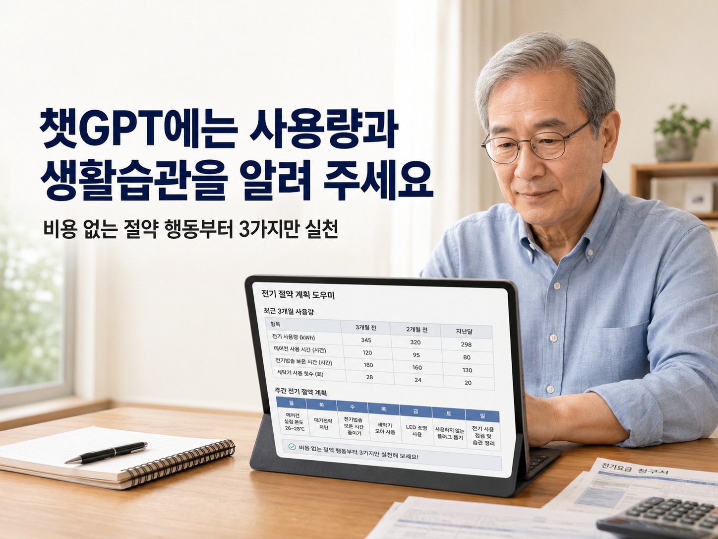 60대 한국인 남성이 개인정보를 삭제한 전기사용량과 가전제품 사용시간을 챗GPT에 입력하고, 화면에 정리된 일주일 전기 절약 계획표를 확인하는 실사형 이미지