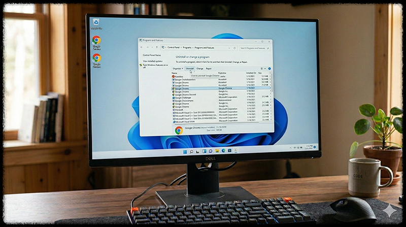Windows 제어판 프로그램 및 기능 화면에서 프로그램을 삭제하는 모습
