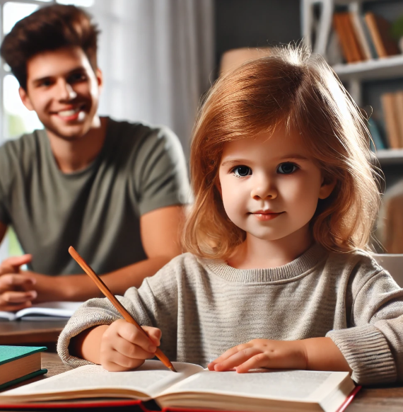 책상 앞에 안아서 공부하는 아이를 뒤에서 아빠가 바라보고 있는 사진