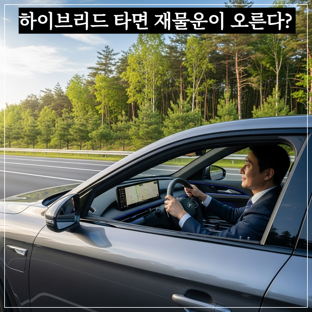 푸른 숲이 배경인 현대적인 고속도로 위를 소리 없이 매끄럽게 달리는 세련된 디자인의 최신형 하이브리드 SUV. 운전석에는 평온하고 자신감 넘치는 표정의 한국인 남성 사업가가 핸들을 잡고 있으며, 차체 주변으로 맑은 푸른색과 황금빛 아우라가 은은하게 감도는 이미지