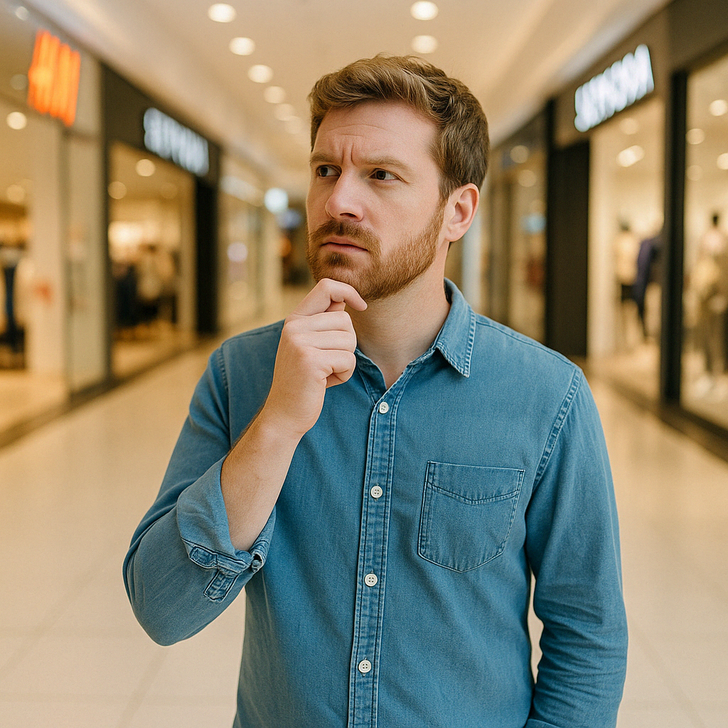 쇼핑몰 통로에서 매장 방향을 고민하는 사람의 모습으로&amp;#44; 길을 찾는 상황과 관련 깊습니다.