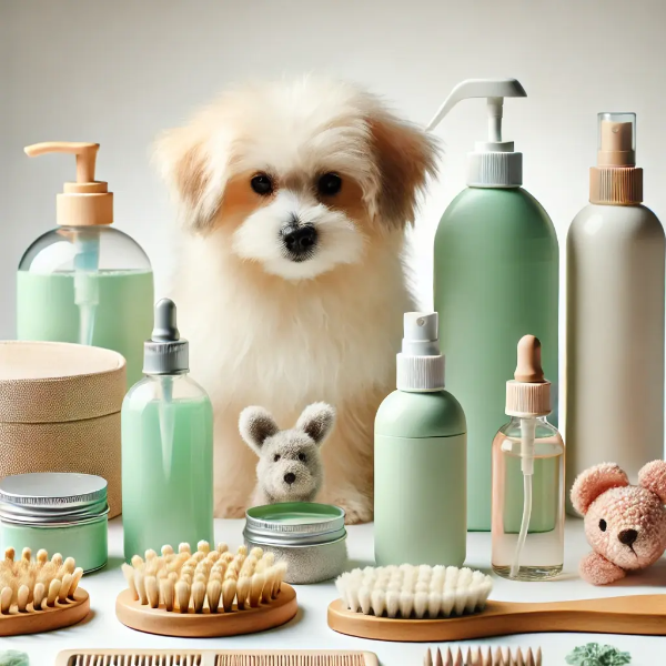 하얀 배경 위에 정리된 반려견 피부 관리용 샴푸, 브러시, 보습 스프레이의 전문 스튜디오 촬영 사진