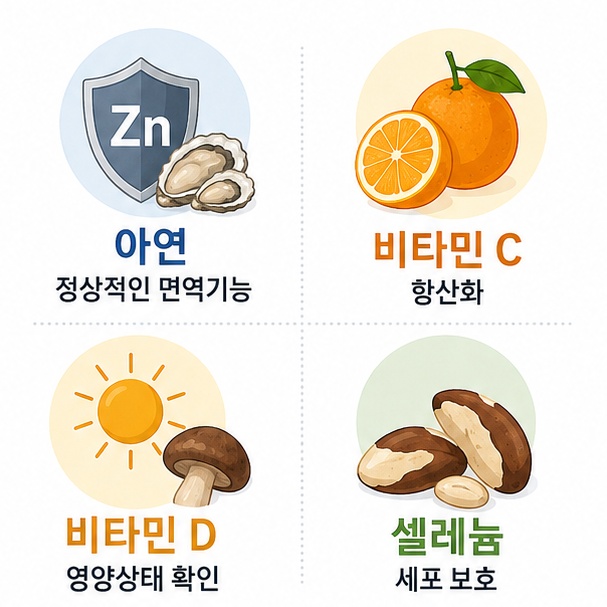 아연과 비타민 C, 비타민 D, 셀레늄 등 면역계와 정상적인 신체 기능에 관련된 주요 영양소를 보여주는 그림