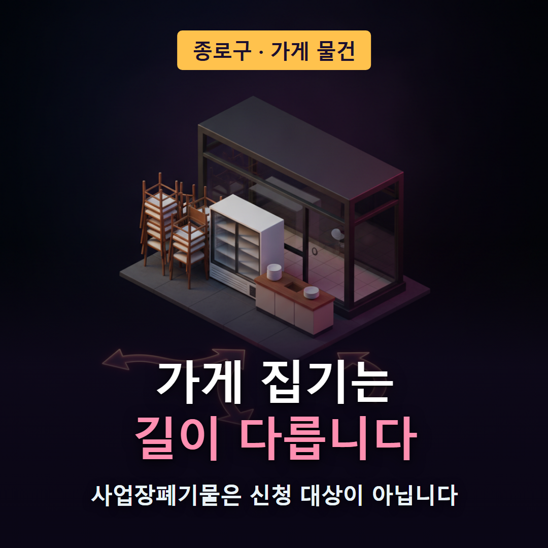 종로구에서 가게 집기가 사업장폐기물&middot;대형폐기물&middot;불연성폐기물&middot;무상수거 중 어느 경로로 가는지 갈리는 구조를 보여주는 대표 이미지