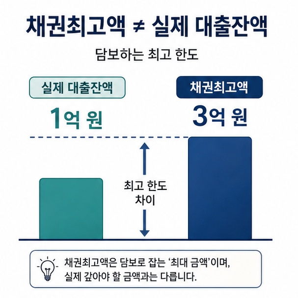 근저당권의 채권최고액은 실제 대출잔액이 아니라 담보하는 최고 한도라는 차이를 설명한 이미지