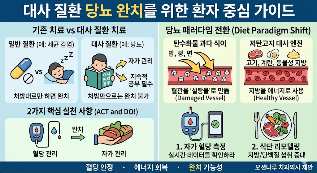 "대사 질환 당뇨 완치를 위한 환자 스스로 공부와 식이 패러다임 전환 가이드 인포그래픽"