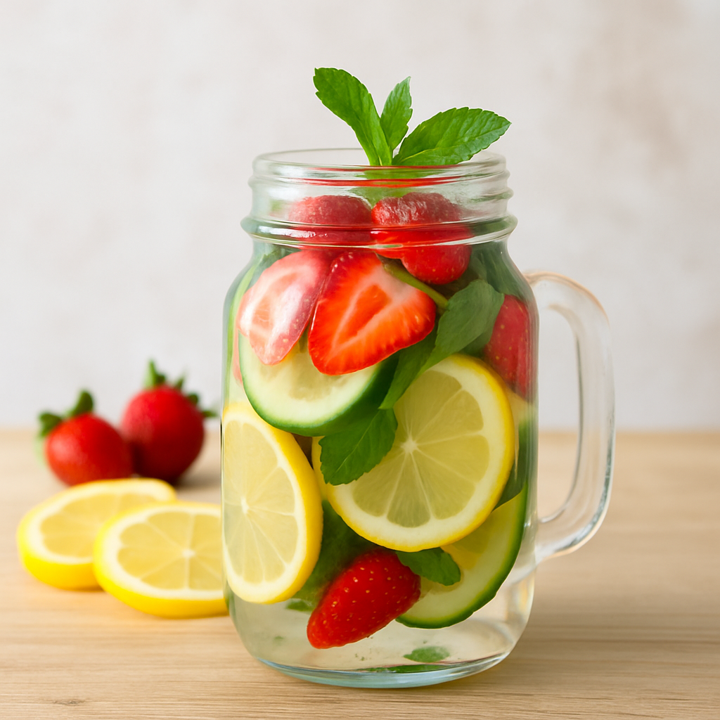 투명한 유리병에 레몬, 오이, 딸기, 민트가 담긴 디톡스 워터가 나무 테이블 위에 놓인 장면. 천연 재료로 만든 건강한 수분 보충 음료를 표현