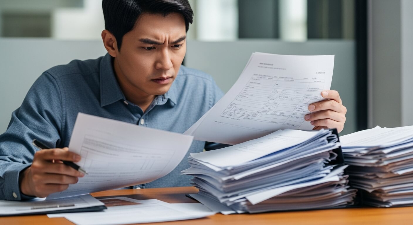 근로장려금 서류를 꼼꼼히 확인하며 주의사항을 점검하는 한국인 남성