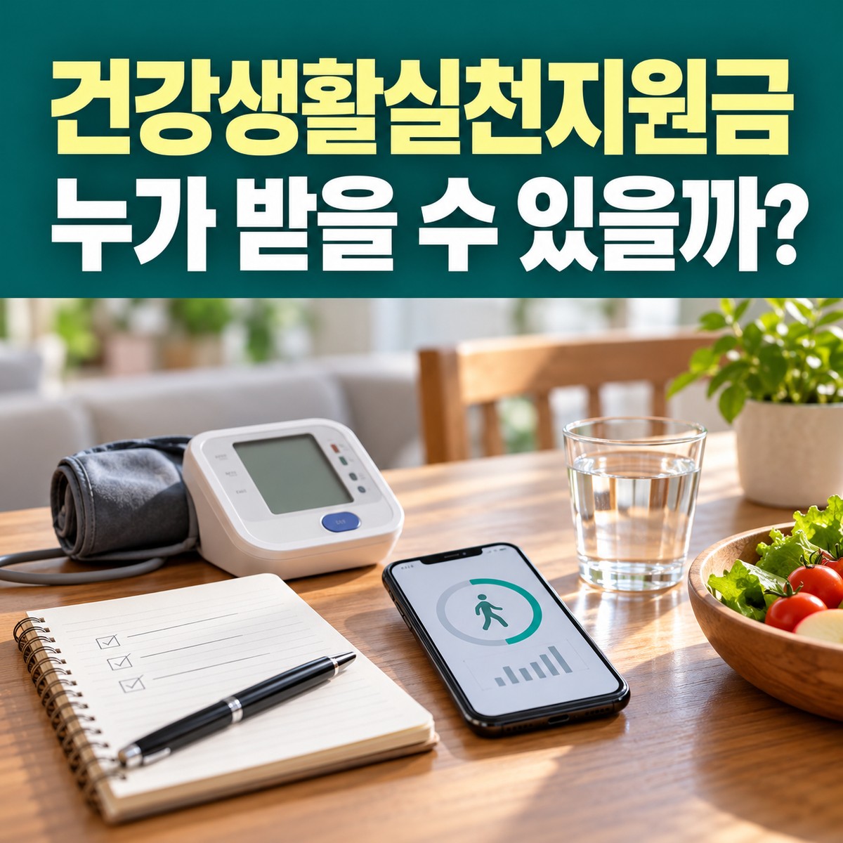 건강생활실천지원금 안내 문구 아래 혈압계와 걸음 수 기록용 휴대전화가 놓인 식탁