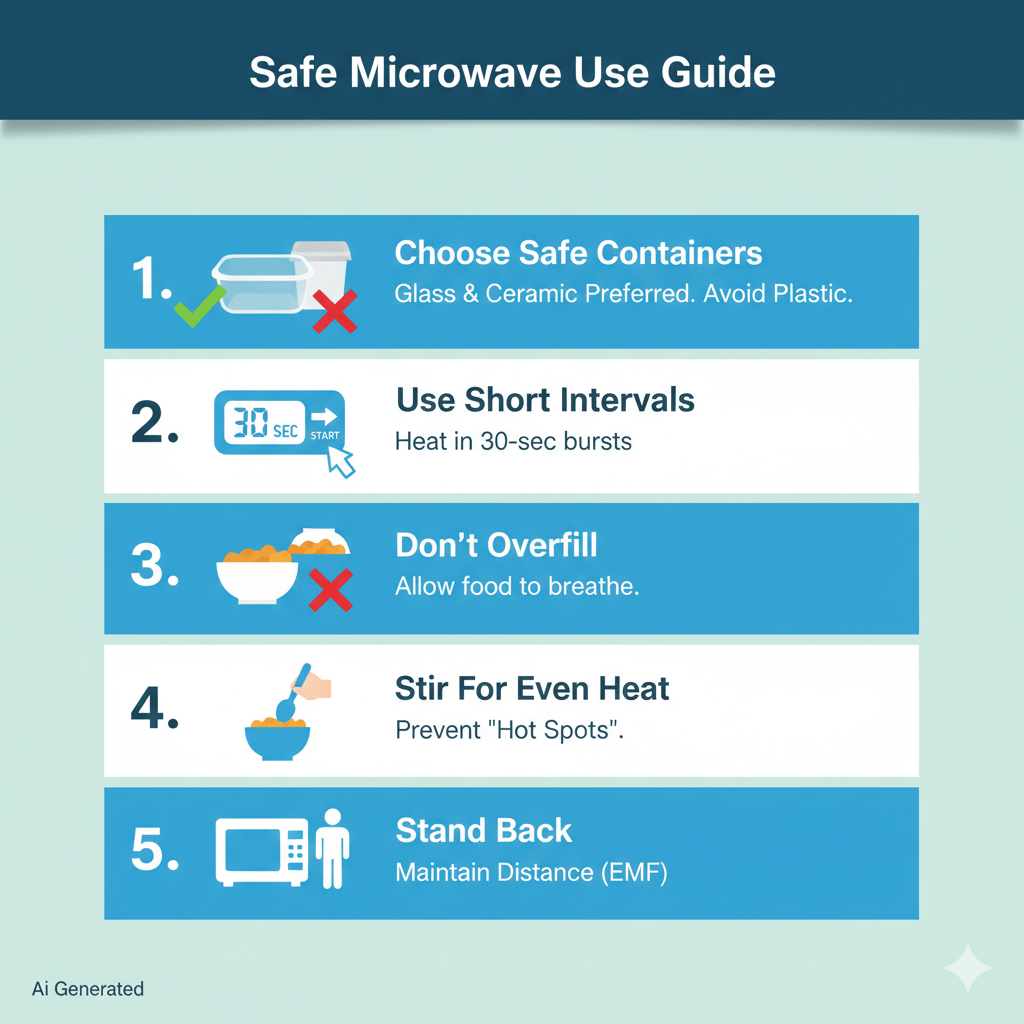 전자레인지 안전 사용 가이드 5계명: 유리 용기 선택, 30초 단위 가열, 적정량 유지, 골고루 섞기, 거리 유지 수칙 요약