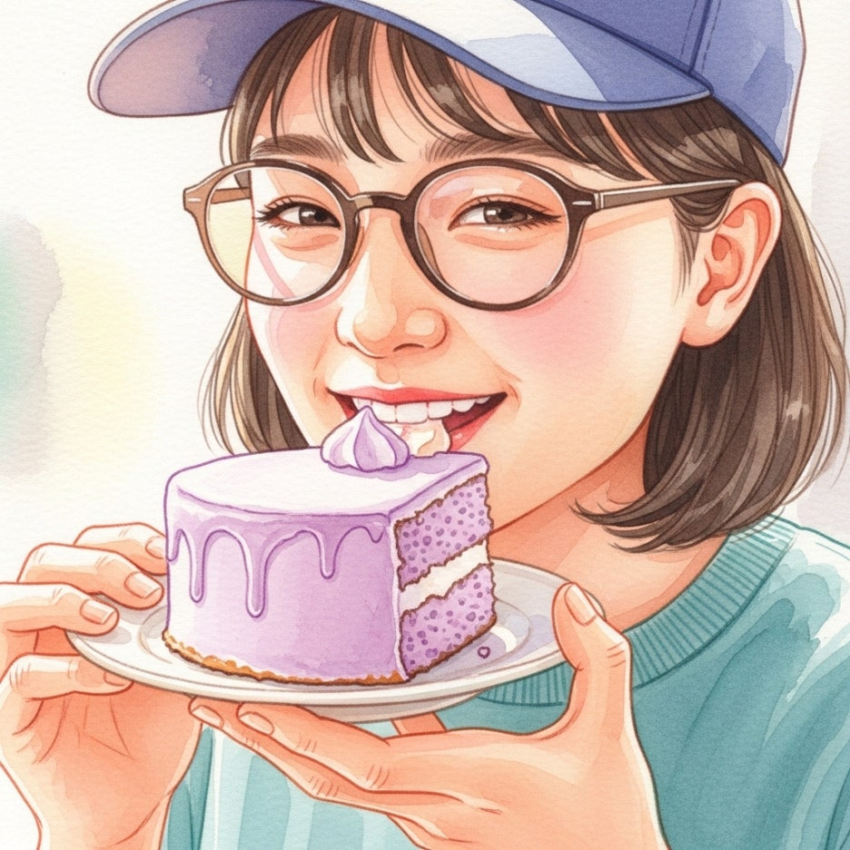 보랏빛 디저트를 즐기는 행복한 모습