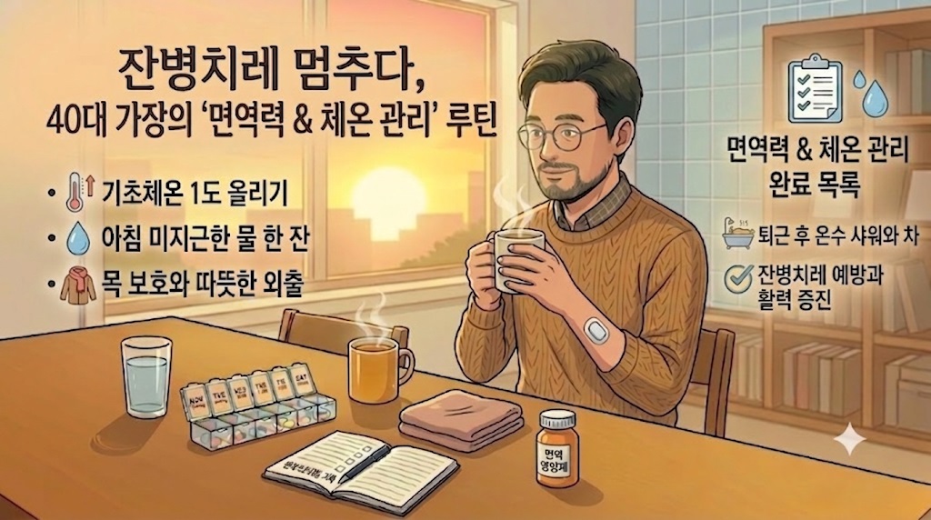 뜻한 차를 마시며 체온을 관리하는 40대 가장