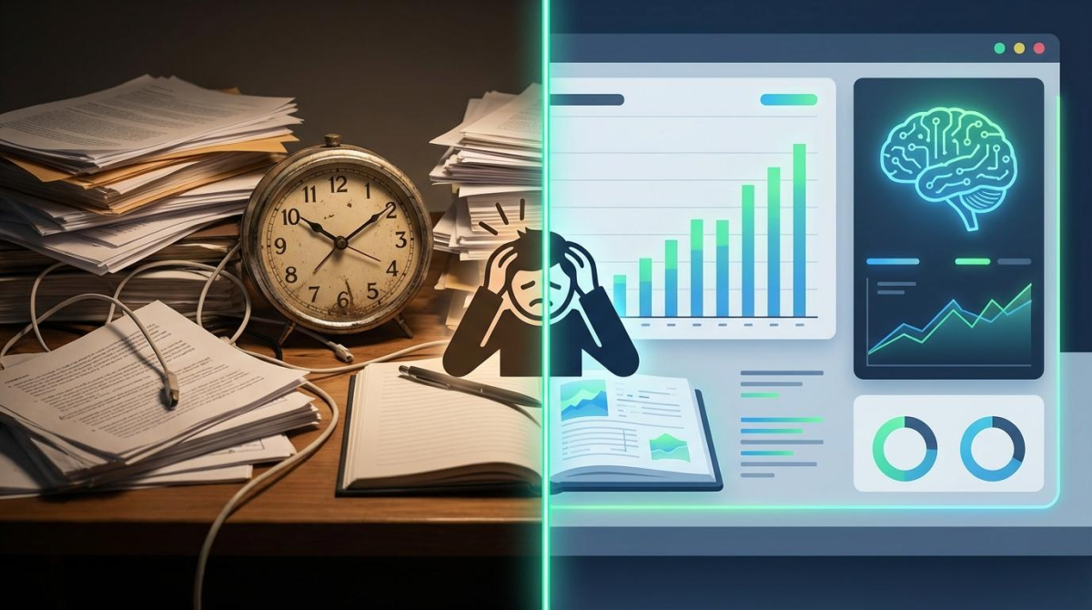 전통적 업무 방식과 AI 비서 도입 후의 생산성 차이를 보여주는 비교 인포그래픽