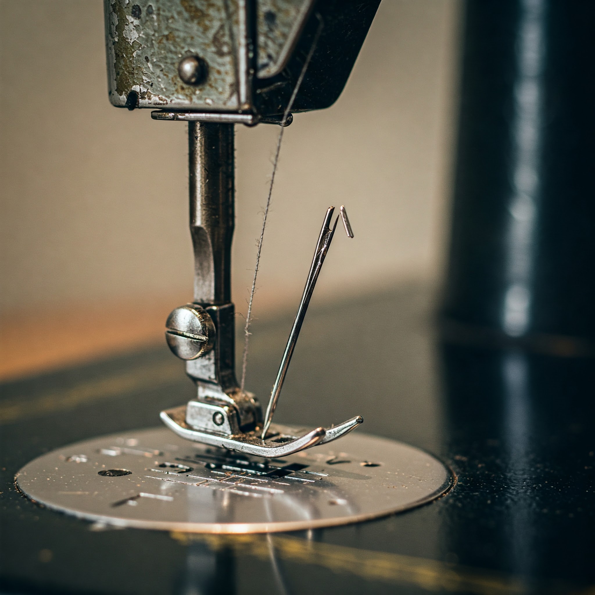 재봉틀 바늘이 부러져 있다
