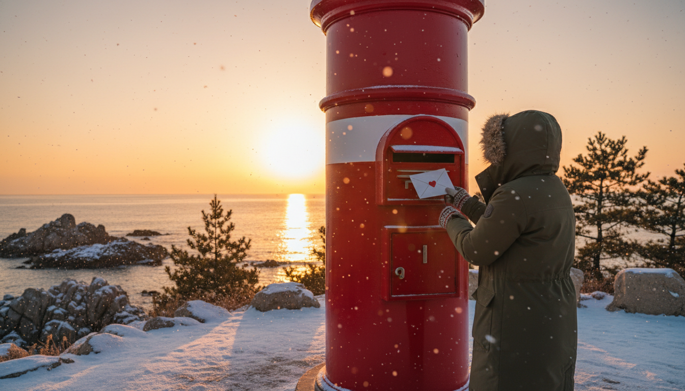 울산 간절곶 소망 우체통 등대 앞에서 편지를 들고 있는 여행객의 모습