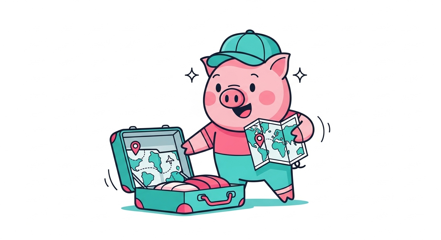 여행 지도를 보며 설레는 마음으로 여행 가방을 싸는 활동적인 돼지 캐릭터 일러스트