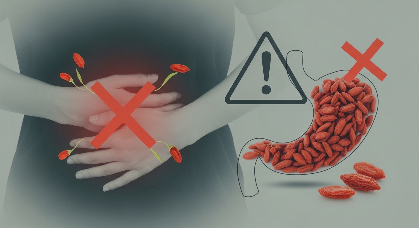 구기자 과다 섭취 시 발생할 수 있는 소화 불량 증상을 나타내는 주의 이미지