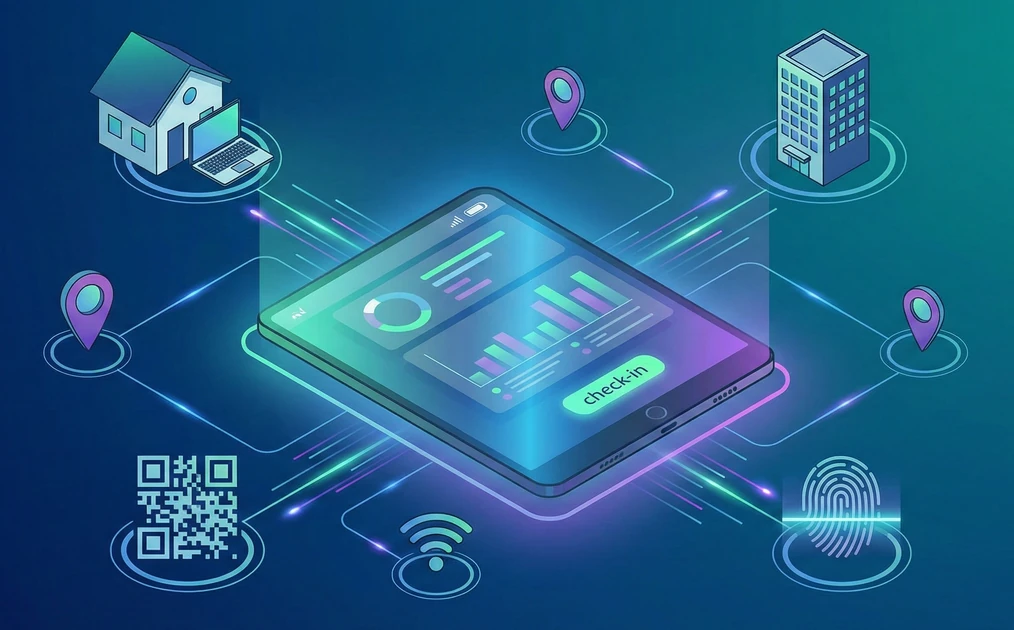 다양한 근무 환경과 인증 방식이 연결된 중앙의 근태관리 앱 태블릿을 보여주는 디지털 일러스트레이션입니다. 재택근무하는 집, 사무실 건물, GPS 핀, QR 코드, 지문 인식 스캐너, 와이파이 아이콘이 모두 빛나는 선으로 태블릿과 연결되어 통합된 시스템을 시각적으로 표현하고 있습니다.