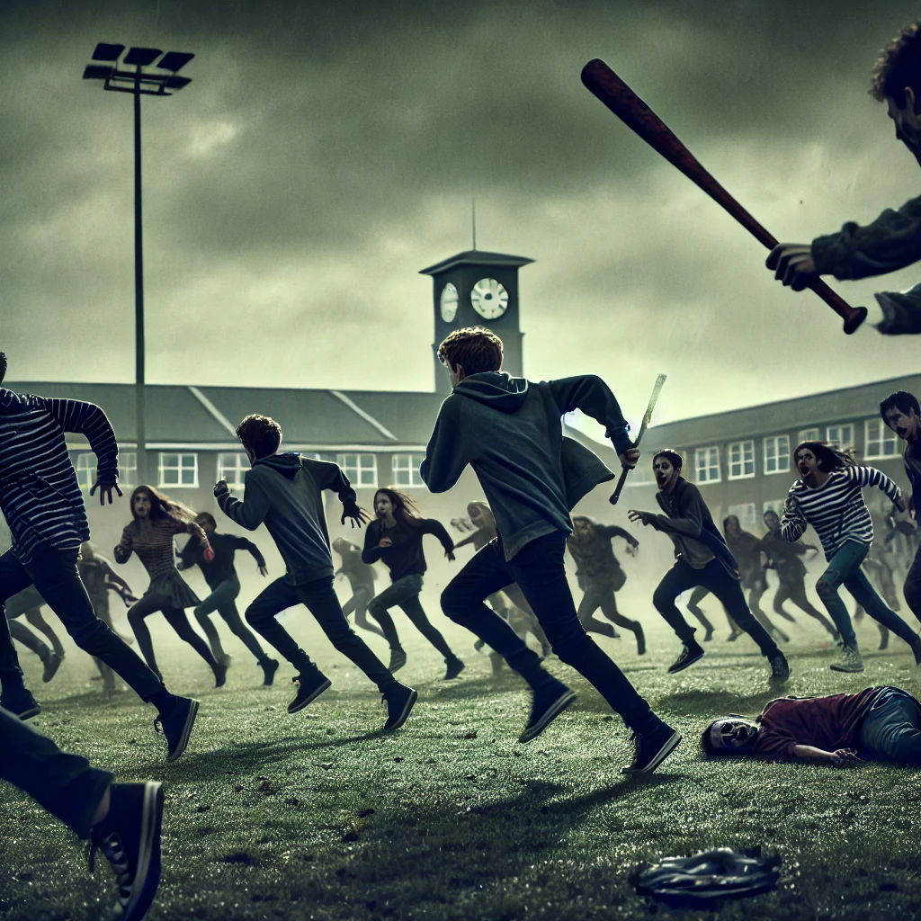 좀비를 비해서 학생들이 도망가는 사진