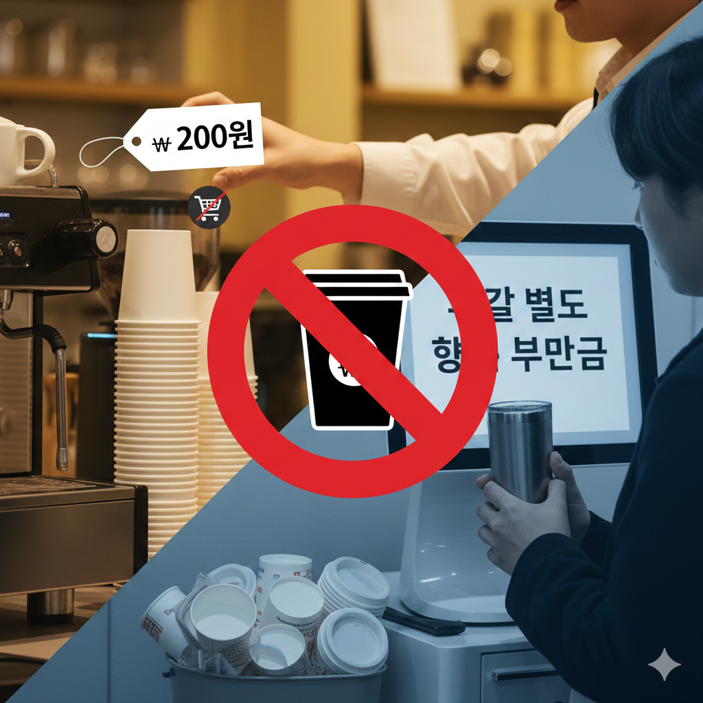카페 일회용컵 유료화 시행, 컵값 따로 계산제 도입과 소비자 부담 논란을 강조한 뉴스형 썸네일