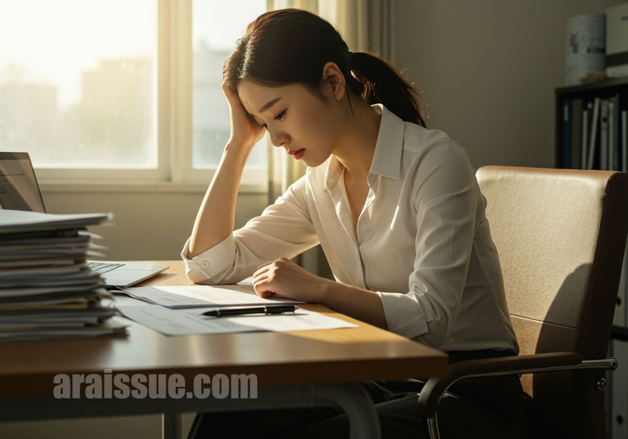 피곤함에 지친 여성이 책상에 기대어 있는 모습