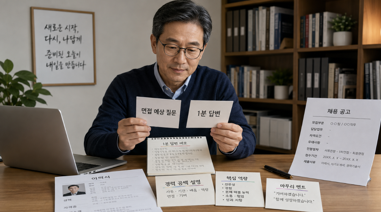 50대 지원자가 면접에서 경력 공백 질문에 답변하는 연습을 하는 모습