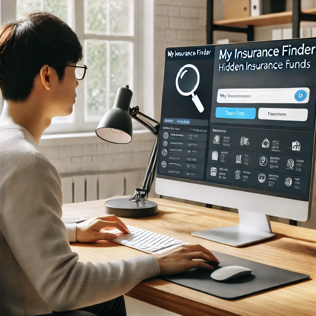 책상에 앉아 컴퓨터로 &amp;#39;내보험 찾아줌&amp;#39; 서비스를 이용해 숨은 보험금을 검색하는 현대적인 한국인&amp;#44; 화면에는 보험 검색 인터페이스가 상세히 표시된 모습