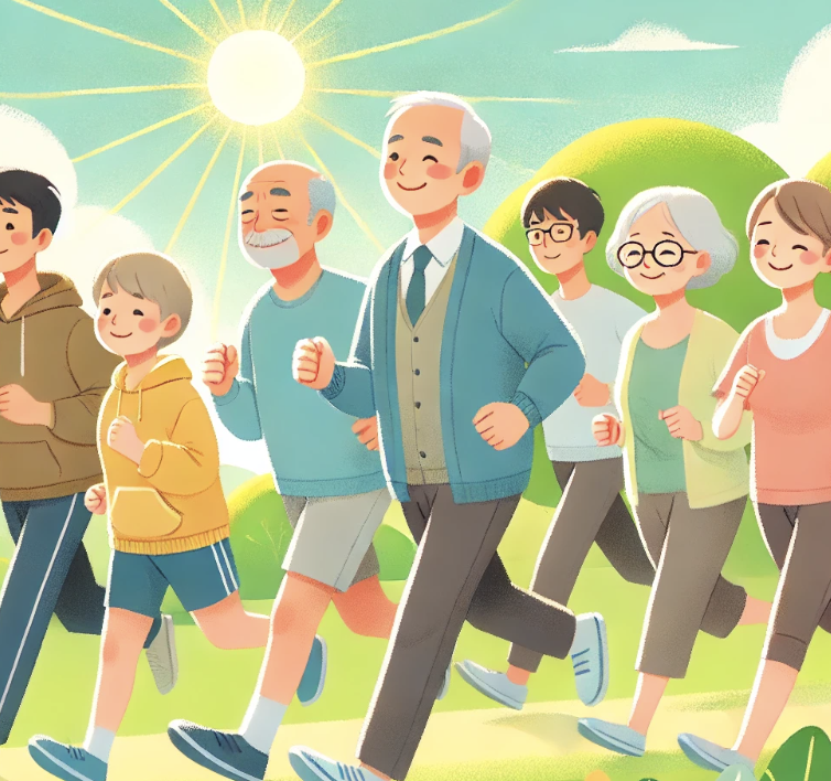 공원 러닝을 즐기는 다양한 연령대 사람들의 따뜻한 모습, 햇살 아래 웃으며 달리는 장면