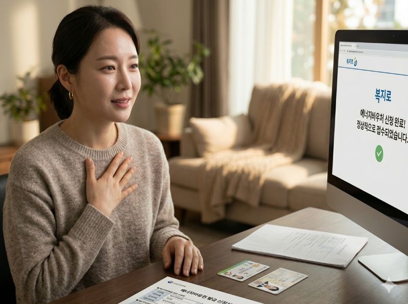 에너지 바우처 신청 완료 후 안심하는 모습