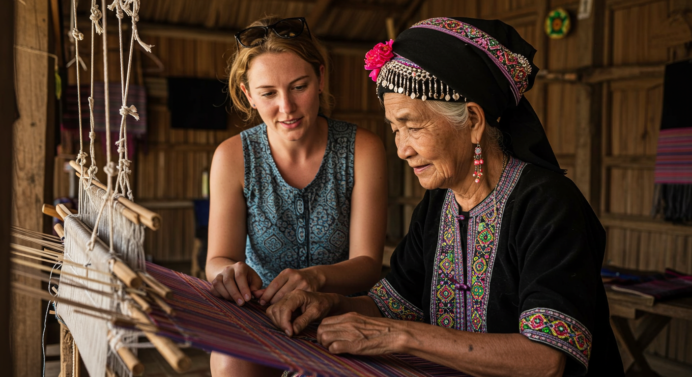 몽족 장인의 도움을 받아 베틀에 앉아 직물을 짜는 모습