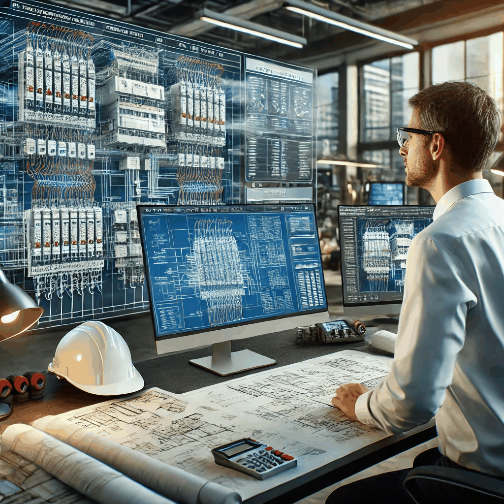 전문 엔지니어가 전기 설비 설계도를 분석하며 정밀한 설계를 수행하는 모습