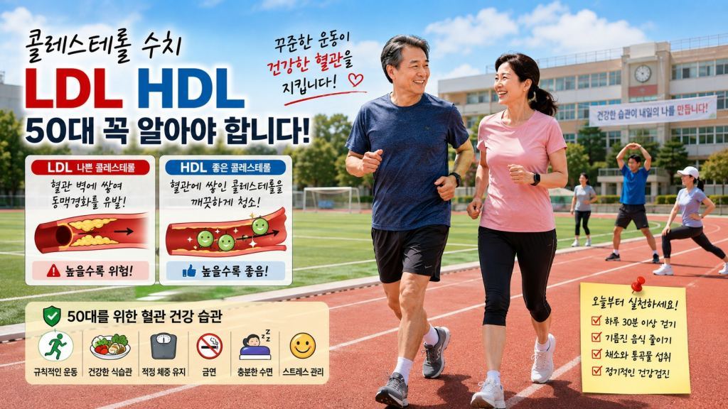 콜레스트롤 수치 LDL.HDL 에 좋은 운동장에서 걷기 운동 하는 모습