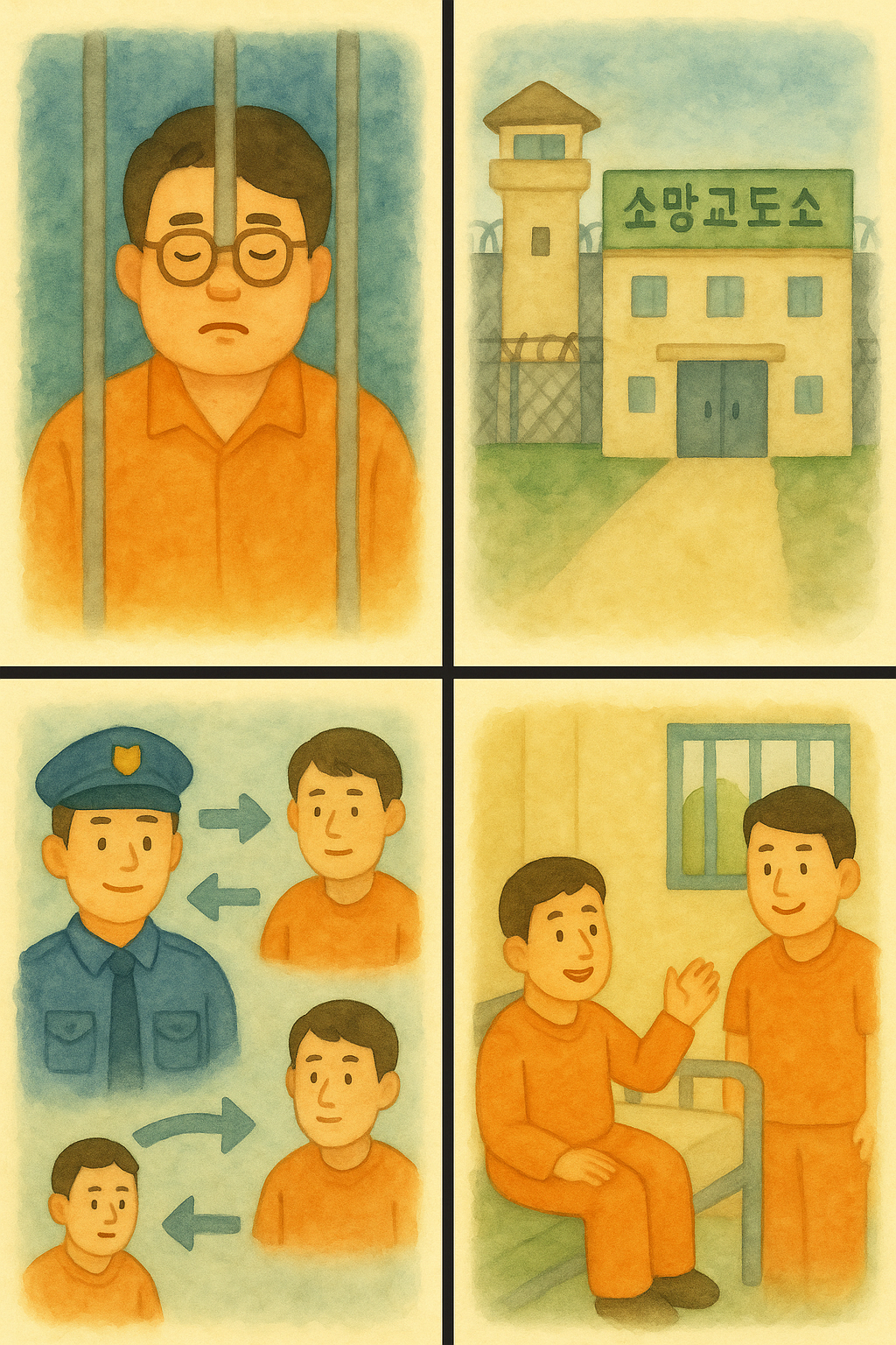 좌측 상단: 교도소 철창 안에서 주황색 수의를 입고 슬픈 표정을 짓고 있는 인물.

우측 상단: &lsquo;소망교도소&rsquo;라는 간판이 걸린 교도소 건물과 철조망, 감시탑이 있는 장면.

좌측 하단: 교도관과 수감자가 서로 상호작용하는 장면을 화살표로 표현하여 교정&middot;교화 과정을 상징.

우측 하단: 두 명의 수감자가 교도소 방 안에서 대화를 나누며 웃는 모습, 교화와 소통을 상징하는 장면.