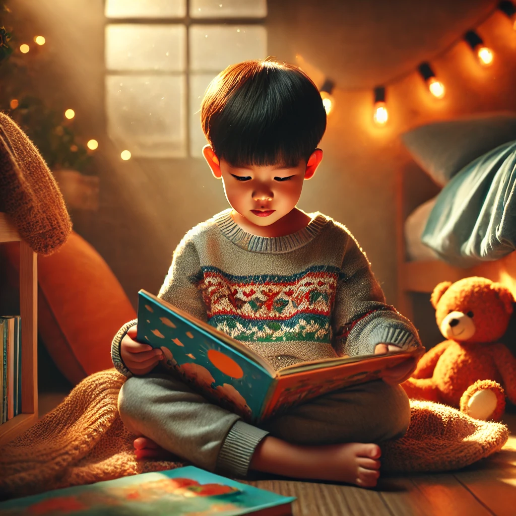 5살 정도 된 한국 아이가 아늑한 독서 공간에서 담요를 덮고 화려한 그림책에 몰두하고 있는 모습, 따뜻한 조명과 평화로운 분위기가 조화를 이룸