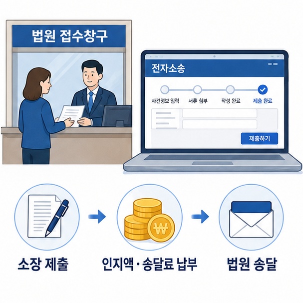 소액심판 소장을 관할 법원이나 전자소송으로 제출하고 인지액과 송달료를 납부하는 절차를 안내한 이미지