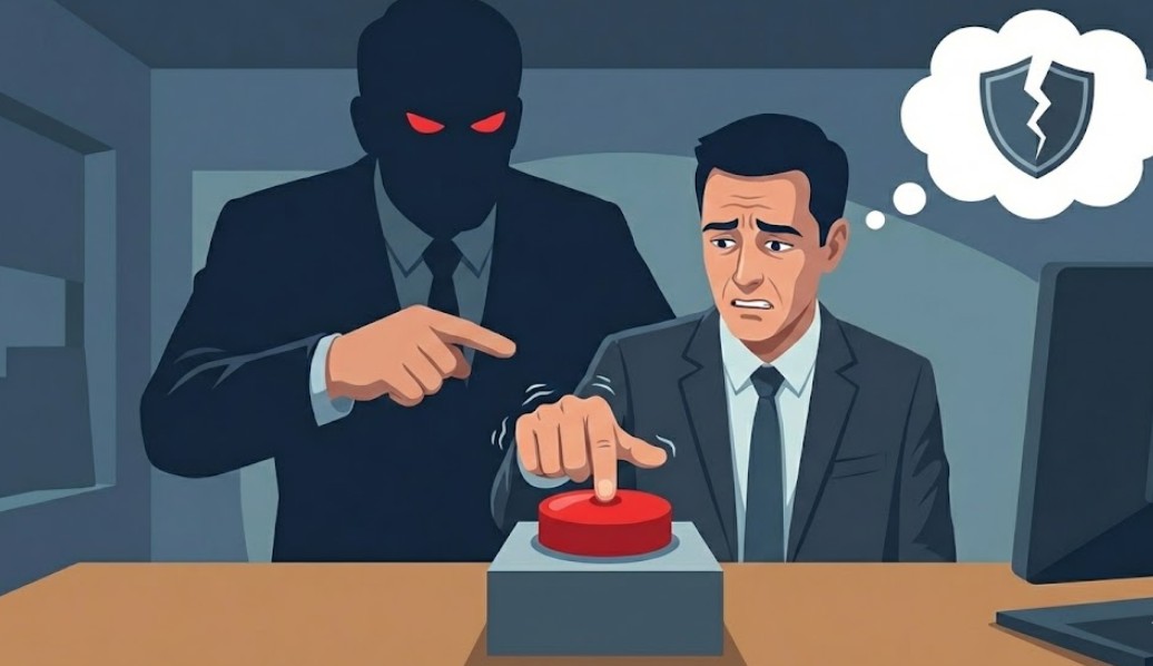 거대한 그림자로 묘사된 상사의 강압적인 지시 앞에서, 괴로워하며 결국 비윤리적인 빨간 버튼을 누르려 하는 직장인의 모습과 금이 간 방패를 통해 양심이 무너지는 과정을 보여주는 권위에 대한 복종 사례