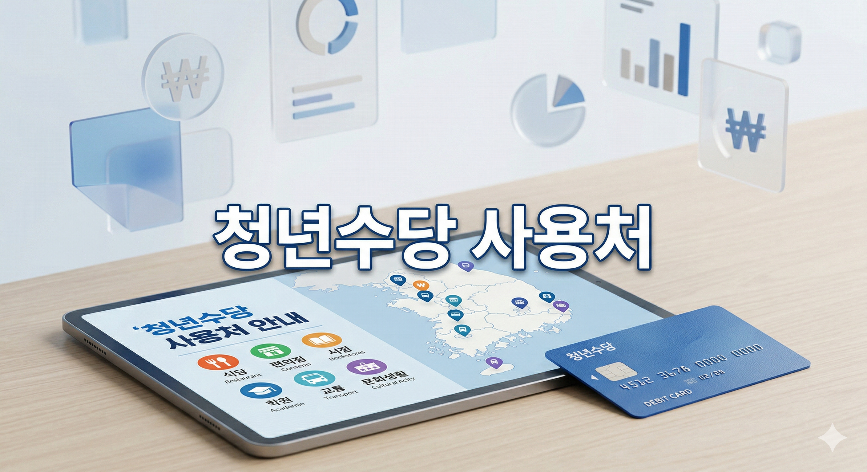 파란색 체크카드와 태블릿, 커피 배경에 '청년수당 사용처'라는 한글 문구가 중앙에 적힌 3D 일러스트