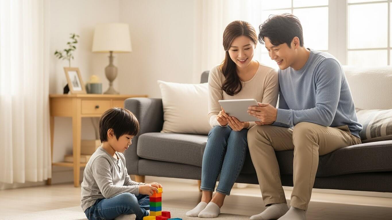 거실에서 태블릿으로 육아 관련 국가 지원 제도를 살펴보는 한국인 가족