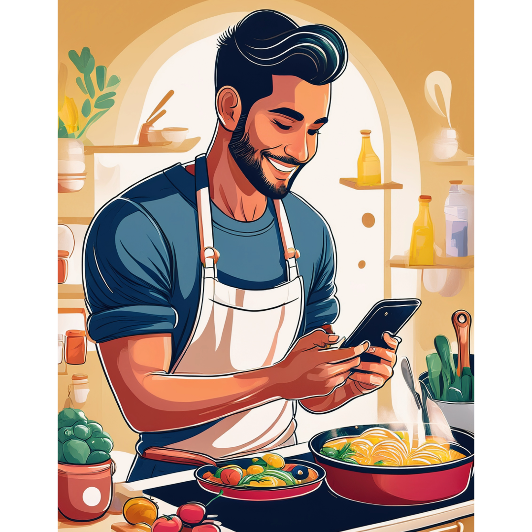 요리앱을 이용해 편하게 요리하는 남자의 모습_image generated by Adobe Express