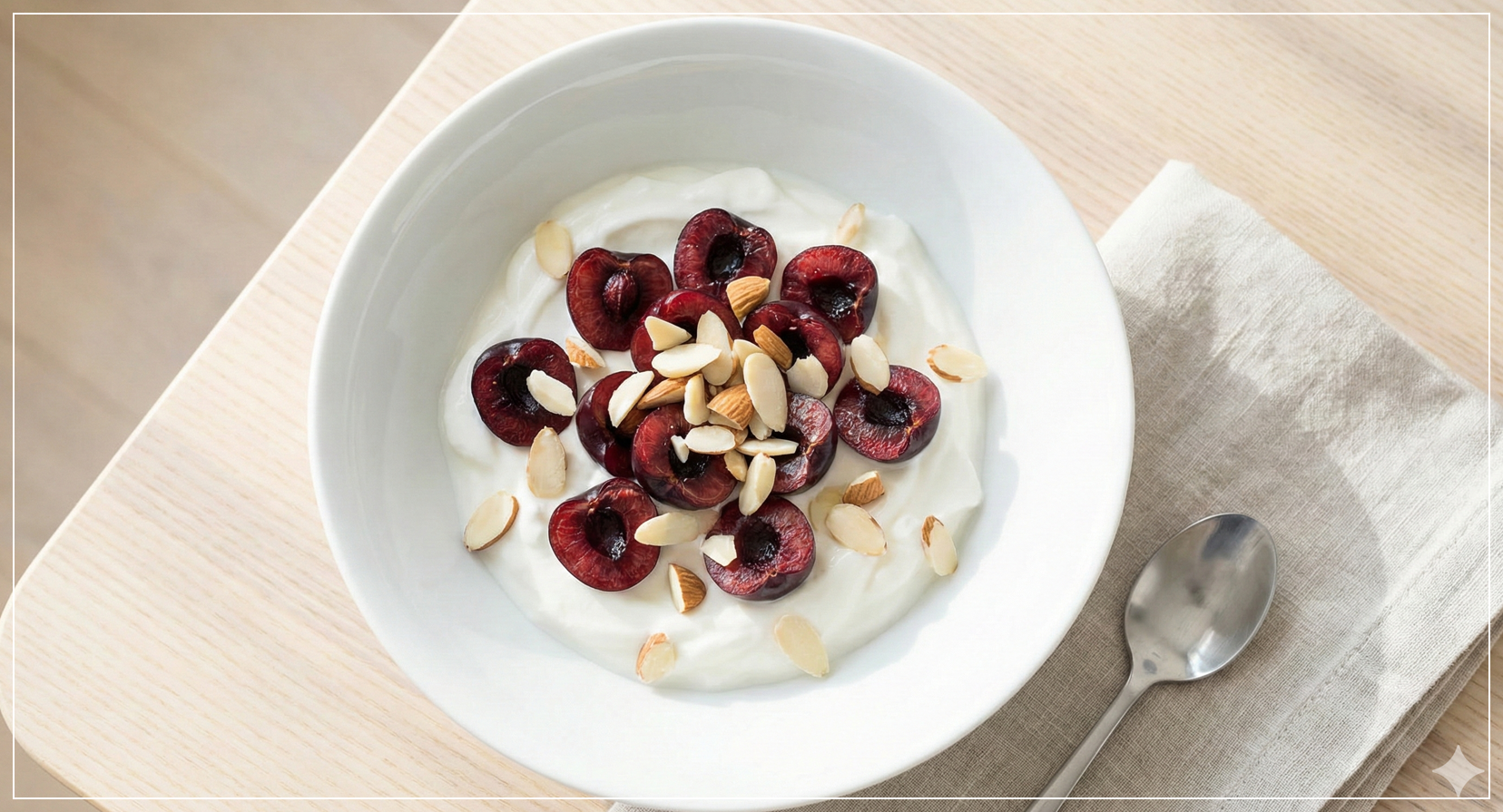 그리스 요거트 위에 체리와 아몬드가 토핑된 건강한 아침 식사 레시피 이미지