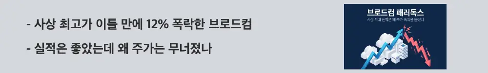 브로드컴 실적발표: '사상 최고가 이틀 만에 12% 폭락한 브로드컴'이라는 문구가 포함된 웹배너 이미지. 이 이미지는 사상 최고가 직후 브로드컴 주가가 12.59% 급락한 상황을 시각적으로 전달하며, 블로그의 브로드컴 실적과 주가 폭락 배경과 관련된 내용을 설명함