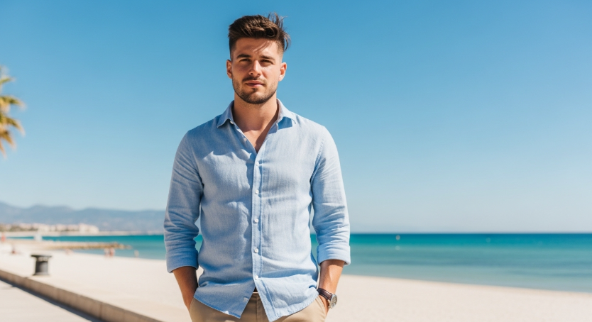A stylish young man wearing a light blue shirt and khaki pants, standing confidently on a sunny seaside promenade with a refreshing breeze, casual and clean look
