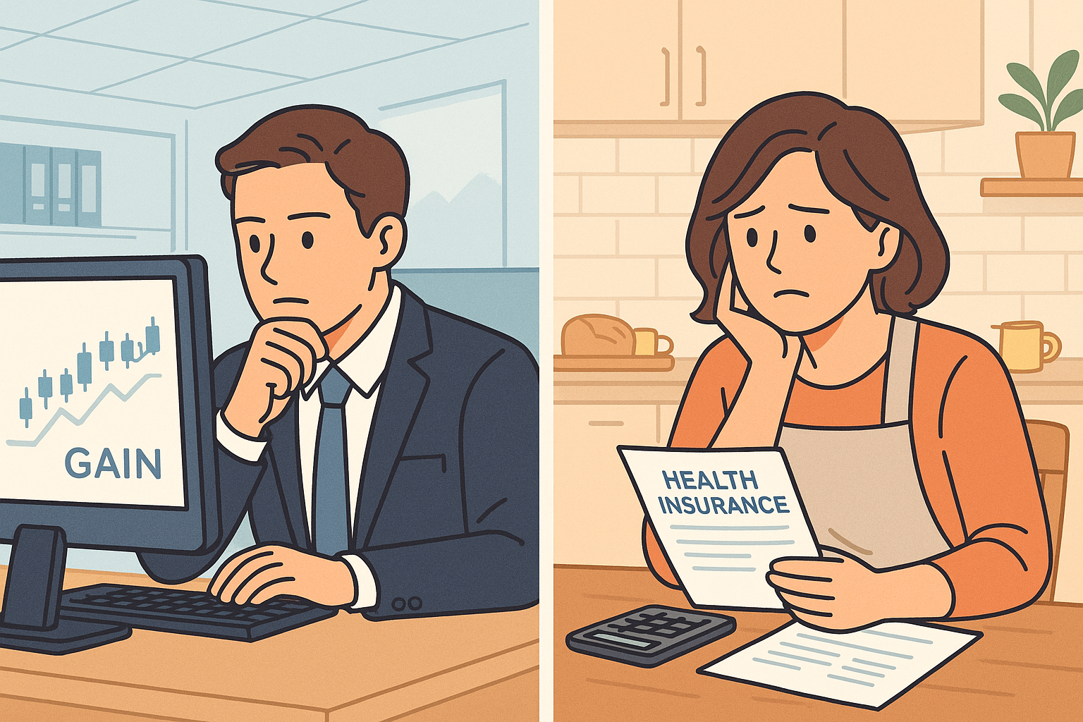 회사 사무실에서 해외주식 매도 후 양도세와 금융소득 종합과세 여부를 고민하는 남편과, 집 주방에서 배우자공제와 건강보험 피부양자 기준을 확인하며 걱정하는 아내의 모습