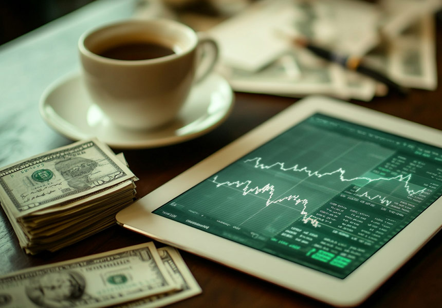 ETF 차트를 살펴보는 투자자의 손과 달러 심볼이 함께 있는 이미지